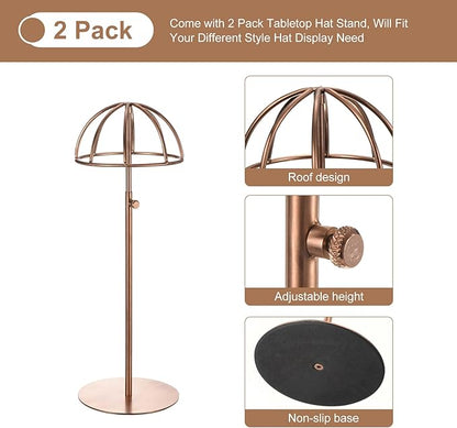 uxcell Metal Hat Display Stand 2 Pack Adjustable Tabletop Hat and Wig Rack Holder for Baseball Cap, Fedora Hat, Cowboy Hat - Rose Gold