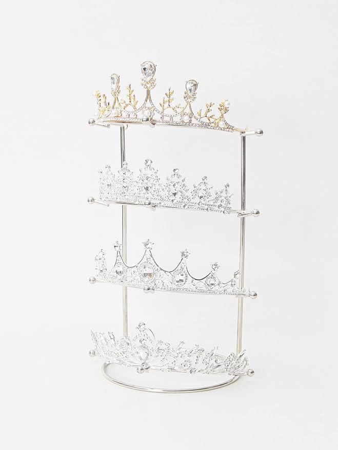 Byken 4 Tier Crown Holder,Tiara Organizer,.Golden Bridal Headdress Display Stand for Selling,Headband Ear Crown Storage Tower,Jewelry Holder for Girls Wedding Home Shop Store (Silver)