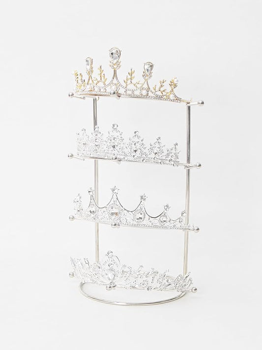 Byken 4 Tier Crown Holder,Tiara Organizer,.Golden Bridal Headdress Display Stand for Selling,Headband Ear Crown Storage Tower,Jewelry Holder for Girls Wedding Home Shop Store (Silver)