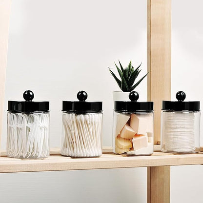 Amolliar Apothecary Jars Bathroom Vanity Storage Organizer Set -Countertop Canister Plastic Acrylic Jar - Farmhouse Decor Qtip Holder for Cotton Swabs,Makeup Sponges,Flossers,Paper Clips-Black (6)