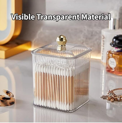 Clear Qtip Holder Dispenser for Cotton Ball and Swab Plastic with Lid Translucent Square Shape Canister Cube Jar for Bathroom Living Room Bedroom Vanity Makeup Organization (Tranparent*2)