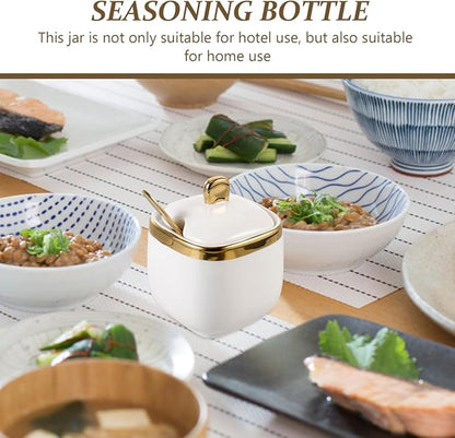 BESTOYARD Small Ceramic Seasoning Jar with Lid and Spoon 3.54 Inch Porcelain Spice Container for Kitchen Countertop Storage of Salt Sugar Herbs