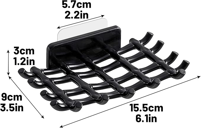 Shower Soap Holder for Wall, Adhesive Bar Soap Dish with Self Draining Grid, Side Hooks and No Drilling Mount, Black, 4 Pack
