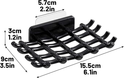Shower Soap Holder for Wall, Adhesive Bar Soap Dish with Self Draining Grid, Side Hooks and No Drilling Mount, Black, 2 Pack
