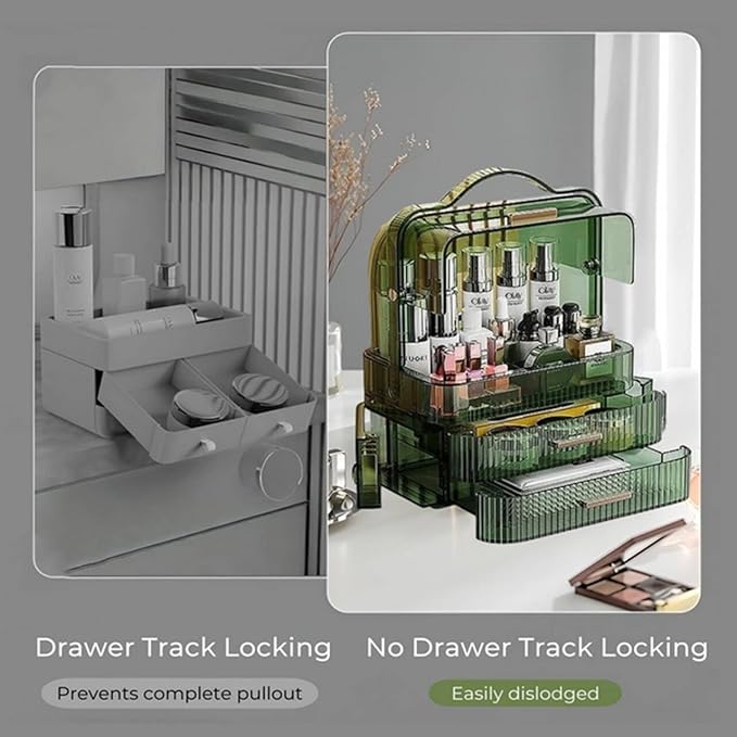 Green Drawers Portable Cosmetics Storage Box Transparent Lid Large Makeup Organizer Box Handle Waterproof Dustproof Skincare Display Cases for Countertop Bathroom Dresser
