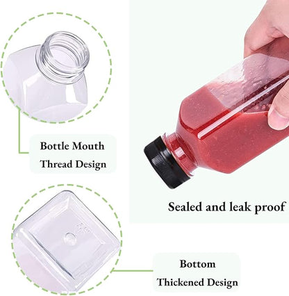 Leaflai Plastic Juice Bottles with Caps 12 pcs- 8oz Reusable Juice Containers with Tamper Proof Lids Black- Clear Juice Bottles for Juicing Milk Smoothie Drinking and Other Beverages Christmas Gifts