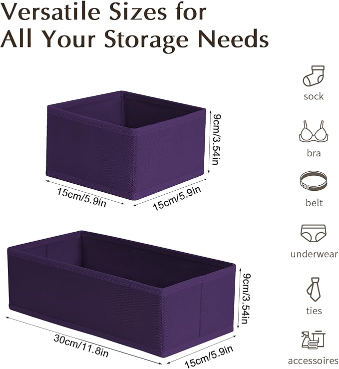 DIMJ Drawer Organizers Clothes, Set of 8 Dresser Organizer Bins, Fabric Closet Organizers and Storage, Shallow Drawer Dividers for Nursery, Clothing, Baby Clothes, Socks, Underwears, Tie (Purple)