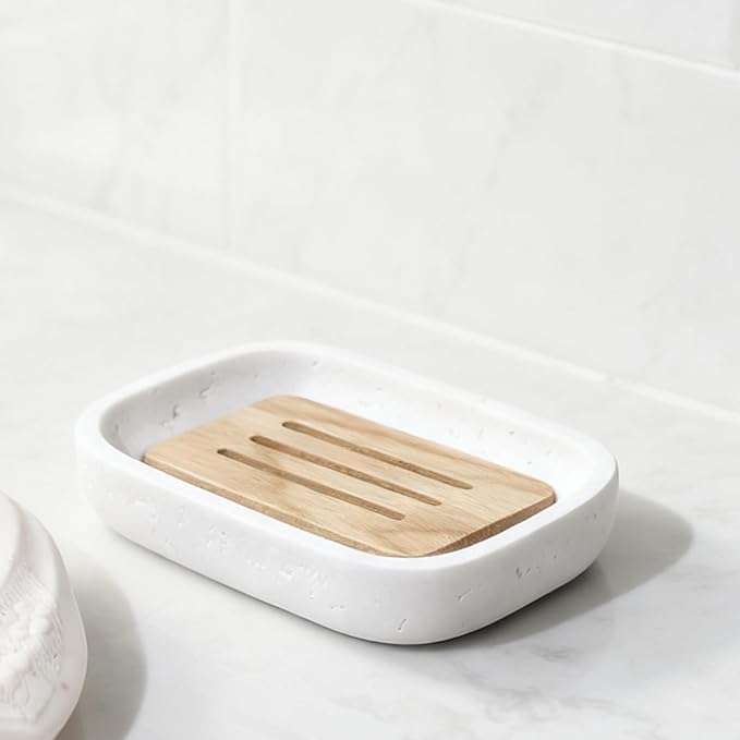 Soap Dish, Resin Wooden Double-Layer Drainage Bathroom Soap Dish, Suitable for Showers, Bathroom Sinks, and Kitchen Countertops (White)