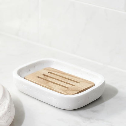 Soap Dish, Resin Wooden Double-Layer Drainage Bathroom Soap Dish, Suitable for Showers, Bathroom Sinks, and Kitchen Countertops (White)