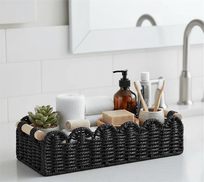 CubesLand Bathroom Basket Organizer, Toilet Tank Paper Storage Baskets 2-Pack, Scalloped Decorative Basket for Countertop w/Handle, Wicker Basket for Bathroom Decor, Home Decor, Living Room, Black