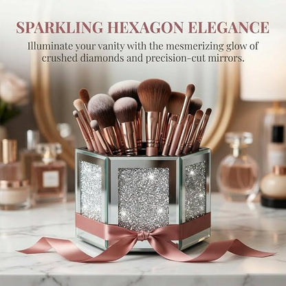 Rotatable Multifunctional Jewelry Utensil Holder Hexagon Jewelry Make up Organizer Cups Crush Diamond Mirror Decor, brush/office pen cup holder Eyeliners Display Case for Vanity