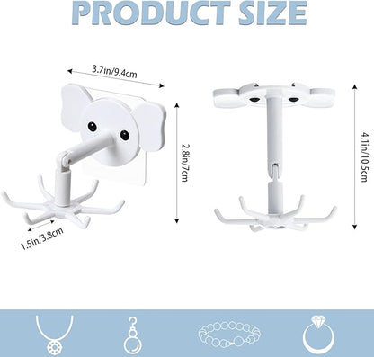 2-Pack 360° Rotating Jewelry Organizer, Self-Adhesive Necklace Hanger for Storing Necklaces, Bracelets, Watches, Rings, Ideal for Walls, Closets, Doors, and Bathrooms (White)