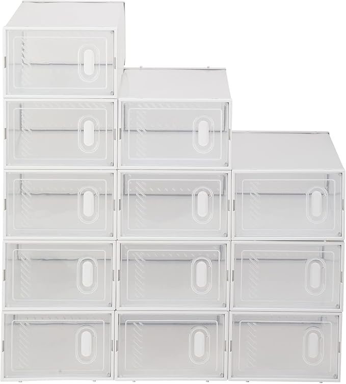 Shoe Boxes Clear Plastic Stackable, Shoe Storage Box 12 Pack, Shoes Organizer, Modular & Space Saving, Ventilation Holes, Interlocking Design, Sneaker Containers Display Case, White & Transparent