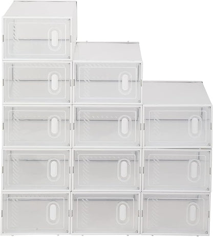 Shoe Boxes, Pack of 12 Shoe Storage Organizers, Stackable Clear Plastic Boxes for Closet, Sneakers, 9 x 13 x 5.5 Inches, Fit up to US Size 11 (White)