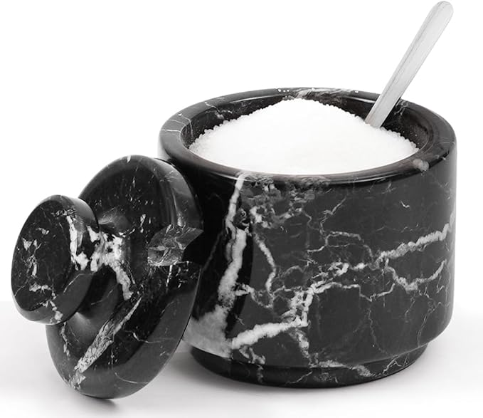 MARBLOUS KRAFTS Marble Salt Cellar with Lid and Spoon 3" Black Zebra Flaky Salt, Seasoning Containers, Ideal small Spices, Sugar Jars, kitchen accessories, Gift for Mom