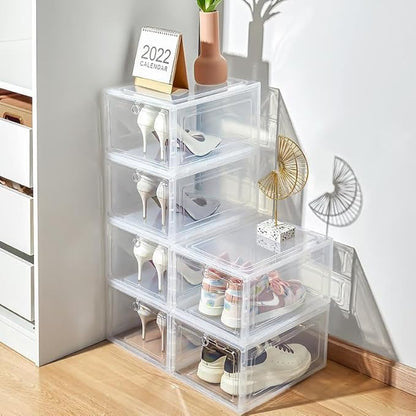 6-Pack Clear Shoe Box Containers with Air Ventilation & Magnetic Door | Stackable, Durable, Transparent Storage for Sneakers, Heels, Boots, Bags & Fits up to Maximum Size of US12 (White)