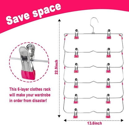 Skirt Pants Hangers with Clips,6Tier Skirt Hangers Space Saving,Metal Multi Pants Hangers and Storage Multi Clothes Shorts Hanger Organization,Space Saving Hangers with Clips (Rose, 4-Piece Set)