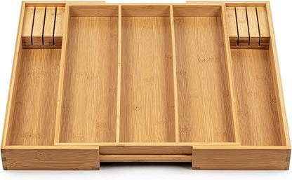 Purawood Kitchen Drawer Organizer with Knife Blocks - Utensil Drawer Organizer for Kitchen, Cutlery Tray & Silverware Organizer, 3-5 Slots - Bamboo Organizer for Utensils & Flatware (Natural)