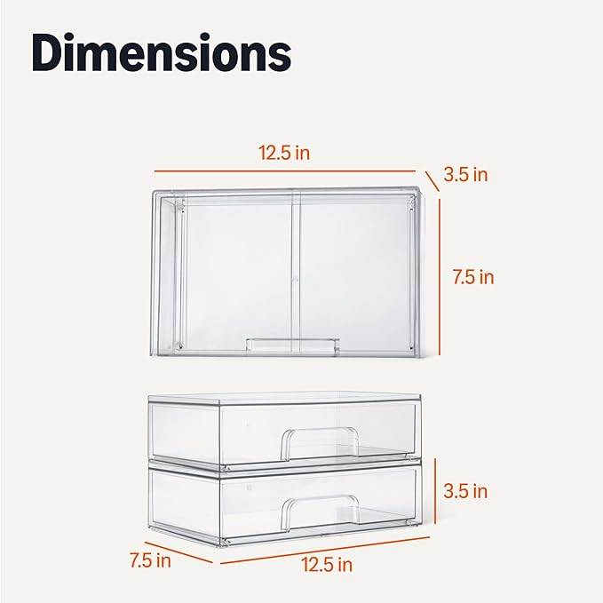 Amazon Basics Stackable Plastic Storage Makeup Organizer Drawers, Clear, 12.1" x 7.6" x 3.5", 2 Pack