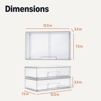 Amazon Basics Stackable Plastic Storage Makeup Organizer Drawers, Clear, 12.1" x 7.6" x 3.5", 2 Pack