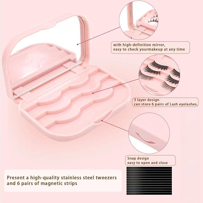3 Tier Eyelash Storage Case Lash Dime Organizer Holder Box with Mirror Makeup Cosmetic Travel Case Empty False Lash Container (Pink)