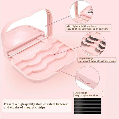 3 Tier Eyelash Storage Case Lash Dime Organizer Holder Box with Mirror Makeup Cosmetic Travel Case Empty False Lash Container (Pink)