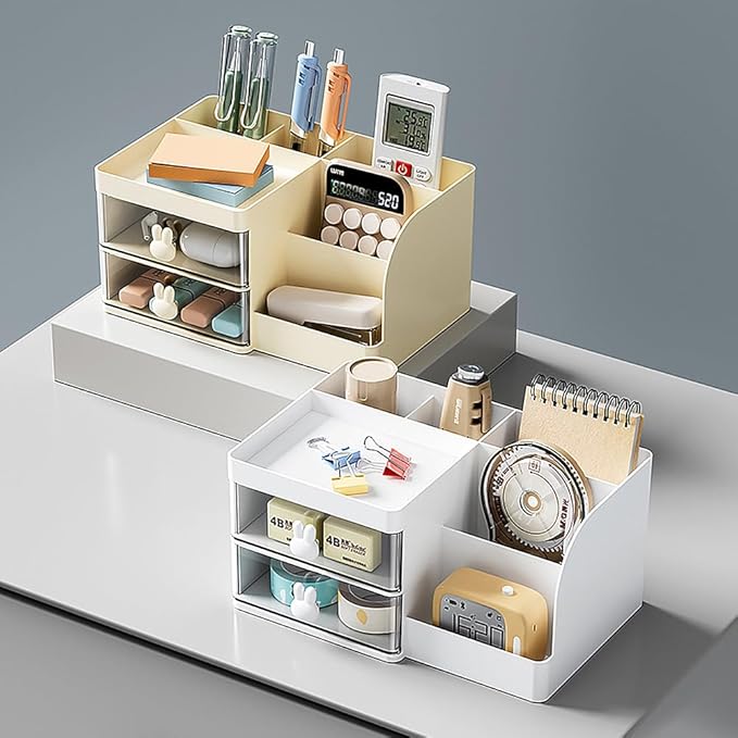 Makeup Storage Organizer with 2 Drawers, Desk Vanity Countertop Skin Care Cosmetic Display Case Make up Stands for Hair Accessories Lipstick Lotions Beauty Skincare Organizing (Cream)
