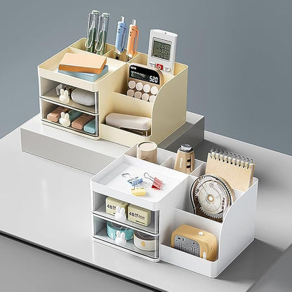 Makeup Storage Organizer with 2 Drawers, Desk Vanity Countertop Skin Care Cosmetic Display Case Make up Stands for Hair Accessories Lipstick Lotions Beauty Skincare Organizing (Cream)
