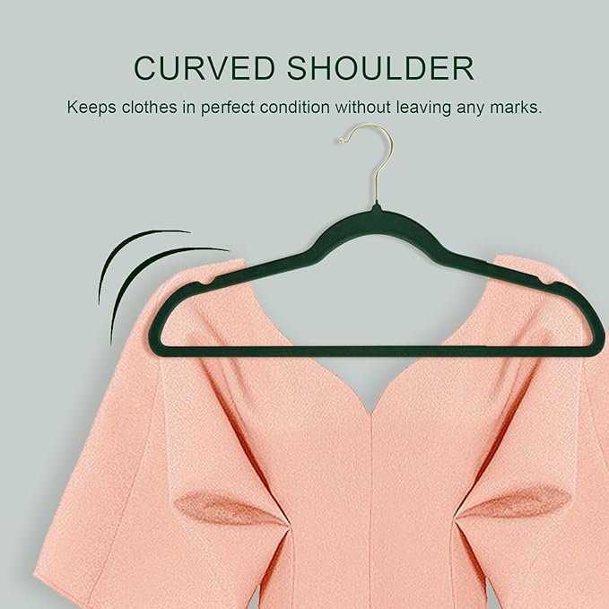 36 Packs Velvet Clothes Hangers, 17.3 Inches Non-Slip Skirt Hangers, Sturdy Dresses Hangers with Shoulder Notches, Space Saving Clothing Hangers for Adults, Dark Green with Gold Hook