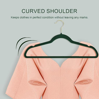 36 Packs Velvet Clothes Hangers, 17.3 Inches Non-Slip Skirt Hangers, Sturdy Dresses Hangers with Shoulder Notches, Space Saving Clothing Hangers for Adults, Dark Green with Gold Hook