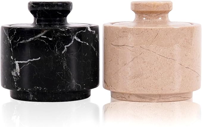 MARBLOUS KRAFTS Marble Salt Cellar 3" Black Zebra and Verona Flaky Salt Bowl & Pepper with Lid, Home Storage and Modern Sugar Containers