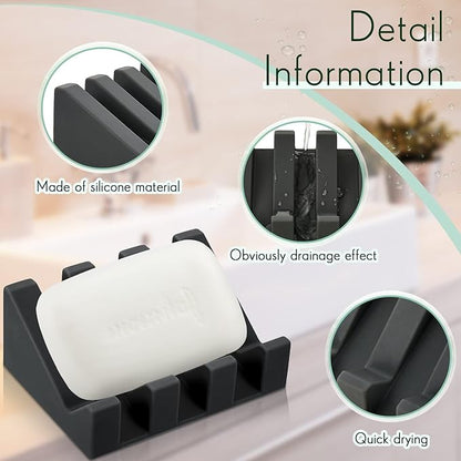 Cunhill 3 Pieces Silicone Soap Dish Self Draining Soap Dish Shower Waterfall Bar Soap Holder Tray with Drain Soap Saver for Kitchen Bathroom Accessories (Light Gray,Bright White,Black)