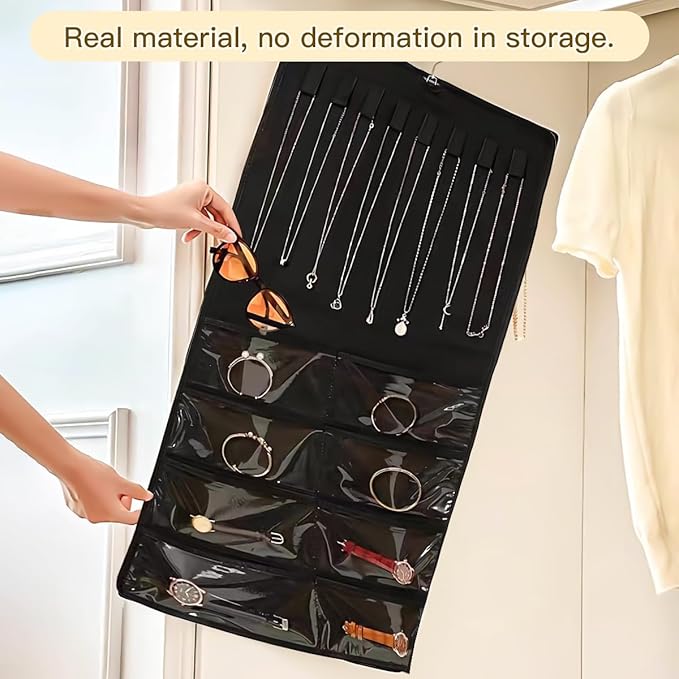 Double Sided Hanging Jewelry Organizer, 48 Pockets Clear Window Large Jewelry Hanging Organizer with Necklace Hanger, Wall/Door/Closet Stud Earring Bracelet Ring Storage