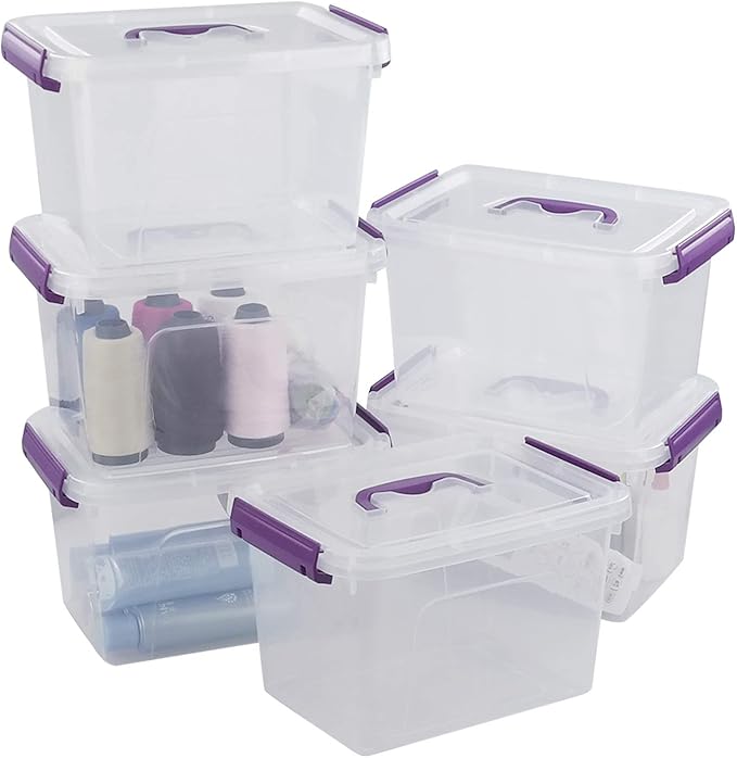 Clear Plastic Bin with Lid, 6 Quart Latching Box with Purple Handle, 6 Packs