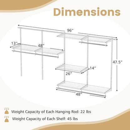 Giantex Closet Organizer System, 4-8 FT Wall-Mounted Closet Shelves and Rod, Adjustable Closet Organization w/ Hanging Rod, DIY Expandable Modular Metal Wire Shelving for Laundry Bedroom (White)