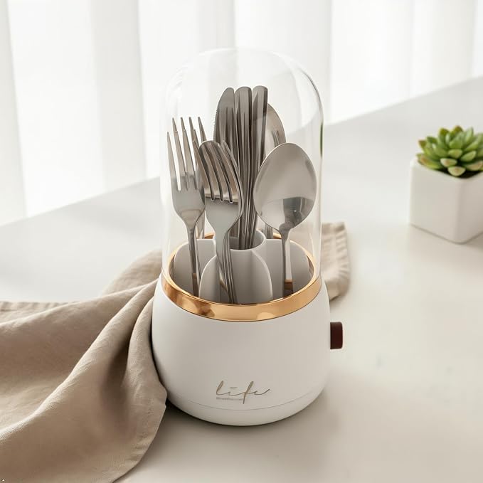 360° Rotating Silverware Organizer with Lid - 7 Slot Spoon Fork Utensil Holder for Kitchen Counter, Party Caddy with Drainage