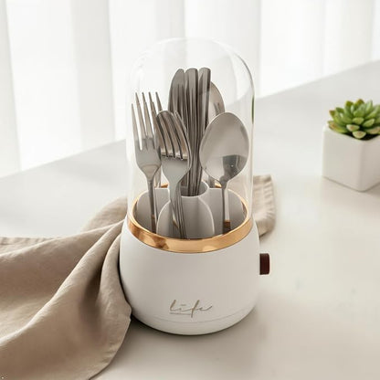 360° Rotating Silverware Organizer with Lid - 7 Slot Spoon Fork Utensil Holder for Kitchen Counter, Party Caddy with Drainage