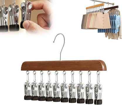 Closet Organizer with 10 Clips, Space Saving Hanging Closet Organizer, Space-Saving Hat Scarf Clothespins for Jeans Skirts Socks Pant Hangers with Clips (1, Dark-10 Clamps)