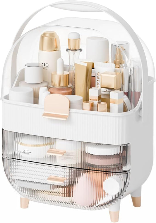 Yieach Countertop Makeup Organizer With Lid,Large Skincare Organizers With 2 Drawers,Dustproof Cosmetic Display Cases for Bathroom,Dresser,Lotion,Beauty,Skin Care Holder,Makeup Storage Organizer,White