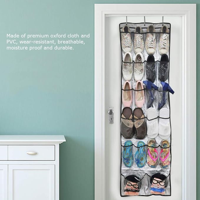 Over the Door Shoe Organizer Rack, Hanging Storage Bag with 22 Pockets, Oxford Cloth Space Saver with Transparent PVC Window for Shoes Toys Stationery, Foldable Door Hanging Organi