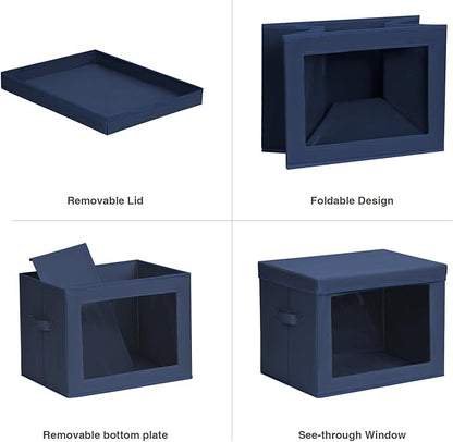 Homsorout Stackable Storage Bins with Lids - Large Storage Box with Lids, Foldable Closet Boxes for Organizing, Wardrobe Clothes Organizer with Window, Cubes Bins for Living Room, 4 Pack, Navy Blue