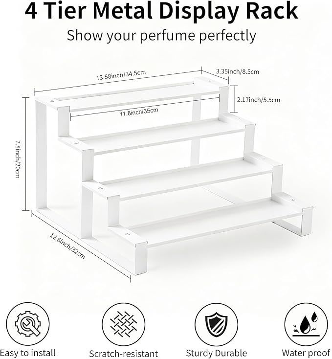 GOENDR Cologne Organizer for Men, 11.8 inch 4 Tier Metal Perfume Organizer Stand, Versatile Step Display Risers Shelf for Fragrance, Skincare, Figurine, Cupcake, Dessert, Spice, 1 Set White