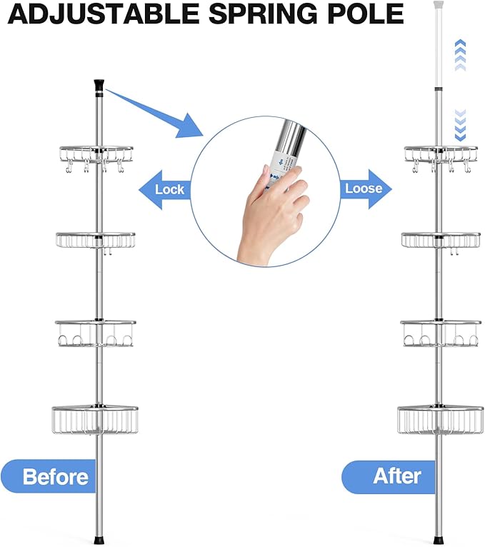 Corner Shower Caddy Tension Pole: Stainless Steel Rustproof 4-Tier Shower Organizer - 47-121 inch Adjustable Bathroom Shelves for Bathtub Shampoo Storage - Tension Rod Floor Standing Bath Rack