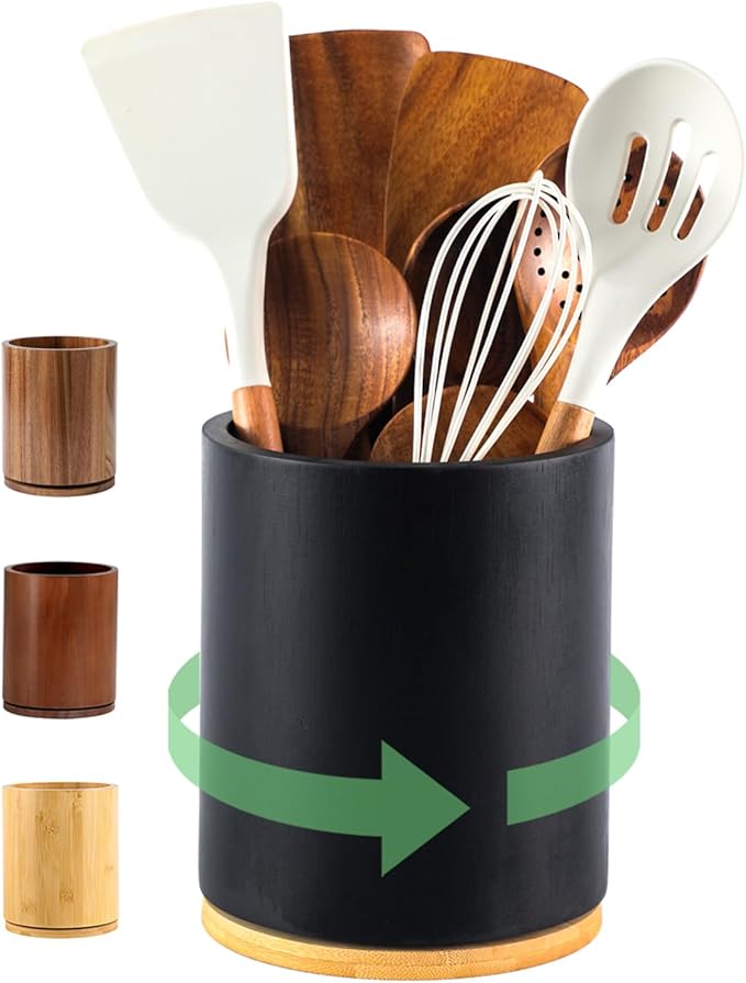 Wooden Utensil Holder, 360°Rotating 7.3'' Large Utensil Holder for Kitchen Counter, Kitchen Utensil Organizer, Utensil Crock, Farmhouse Kitchens Countertop Decor, Black Color