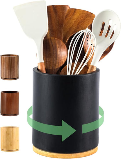 Wooden Utensil Holder, 360°Rotating 7.3'' Large Utensil Holder for Kitchen Counter, Kitchen Utensil Organizer, Utensil Crock, Farmhouse Kitchens Countertop Decor, Black Color