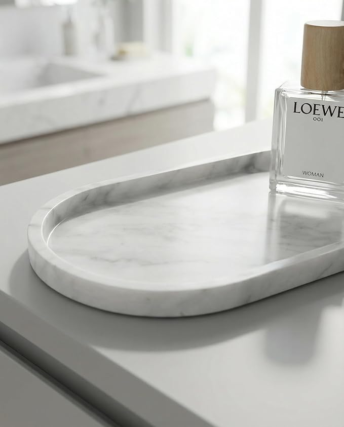 OOBOOB Oval Natural Marble Bathroom Tray for Decor Countertop, Marble Vanity Tray for Candles Perfume, Jewelry, Cosmetics, Elegant Vanity Organizer for Jewelry, Perfume