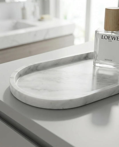 OOBOOB Oval Natural Marble Bathroom Tray for Decor Countertop, Marble Vanity Tray for Candles Perfume, Jewelry, Cosmetics, Elegant Vanity Organizer for Jewelry, Perfume