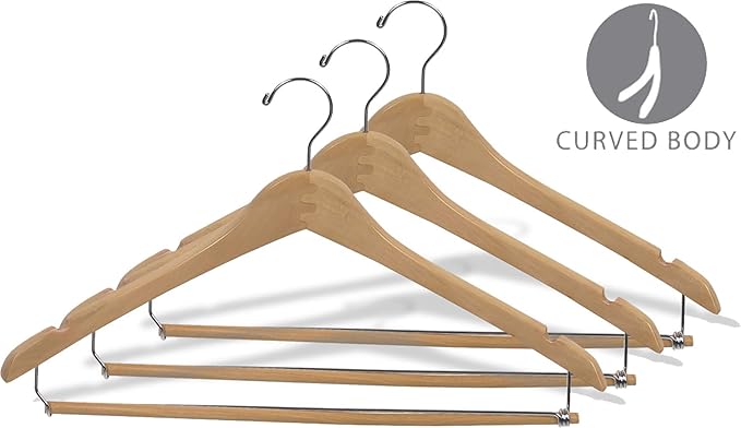 Curved Wood Suit Hanger w/Locking Bar, Box of 50 17 Inch Hangers w/Natural Finish & Chrome Swivel Hook & Notches for Shirt Dress or Pants