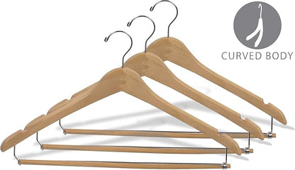 Curved Wood Suit Hanger w/Locking Bar, Box of 50 17 Inch Hangers w/Natural Finish & Chrome Swivel Hook & Notches for Shirt Dress or Pants