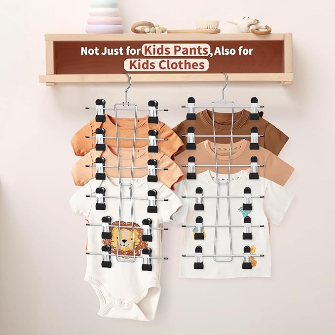 DOIOWN 6-Tier Baby Hangers with Clips - Space Saving Kids Pants Hangers for Babies & Kids Pant,Skirt,Clothe,Adjustable Stainless Steel Toddler Clothes Hanger for Newborn Children Closet Organization